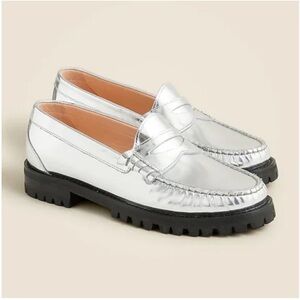J. Crew Silver Metallic Penny Loafers with Black Lug Sole